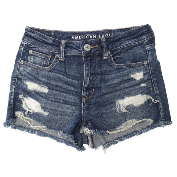 AE American Eagle Outfitters Jean Shorts High Rise Shortie Cut Off Denim Ripped - Picture 1 of 9